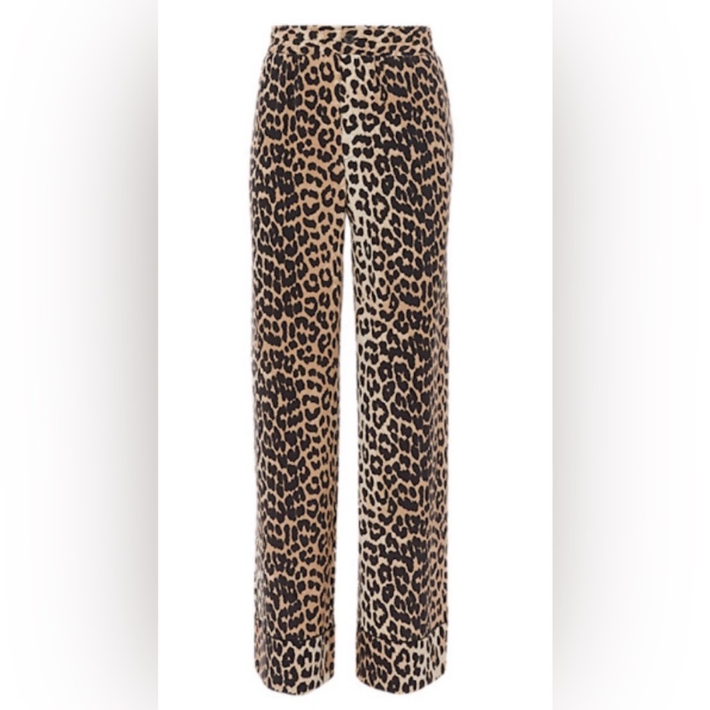 Ganni Black and Tan Leopard Print Silk Pants